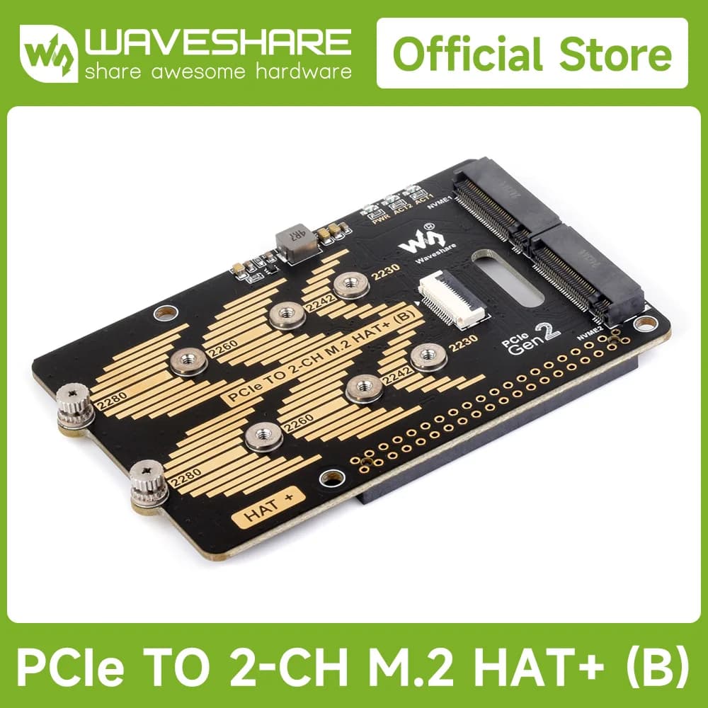 Waveshare PCIe To 2-Ch M.2 Adapter Type B for Raspberry Pi 5, Compatible with 2280/2260/2242/2230 size NVMe Protocol M.2 SSD
