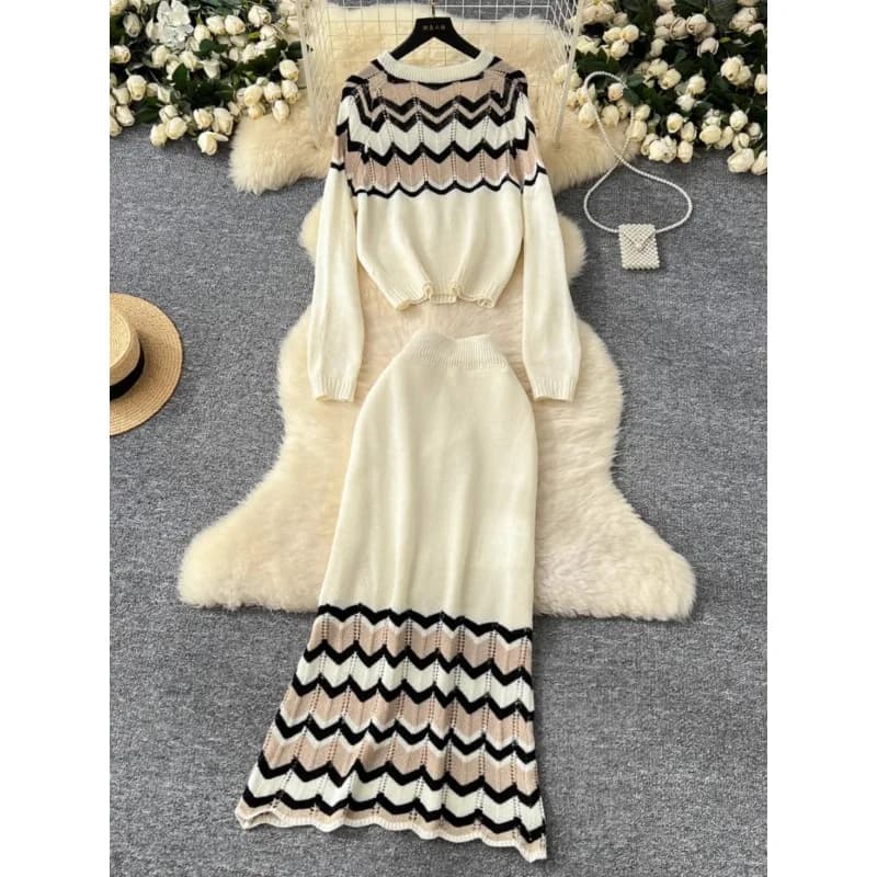 Korea Fashion Vintage Contrast Wavy O-neck Long Sleeve Knitted Sweater Tops High Waist Slim Skirt Women Two-piece Sets Autumn