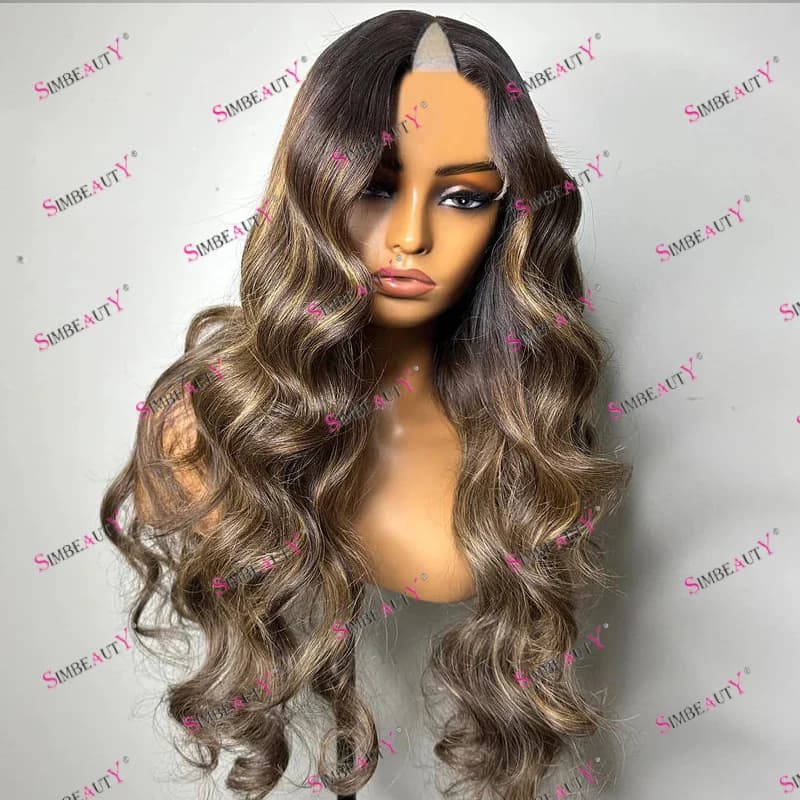 Highlight Cool Brown Blonde Remy Human Hair 1x4 Size V Part Wigs for Black Women 200Density Long Natural U Part Wigs Full Ends