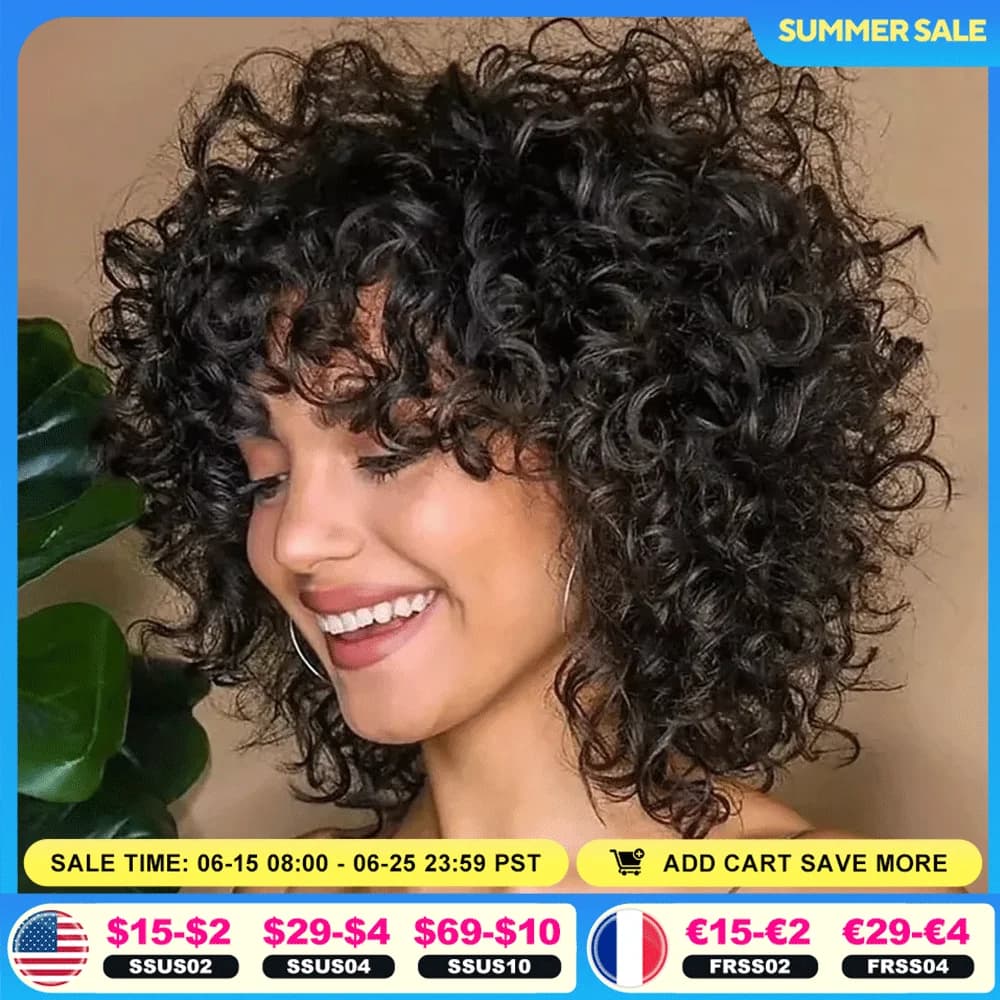 Remy Forte Short Curly Bob Wigs Human Hair Full Machine Made Bob Wigs Brazilian Hair Wigs Natural Black Glueless 100% Human Hair