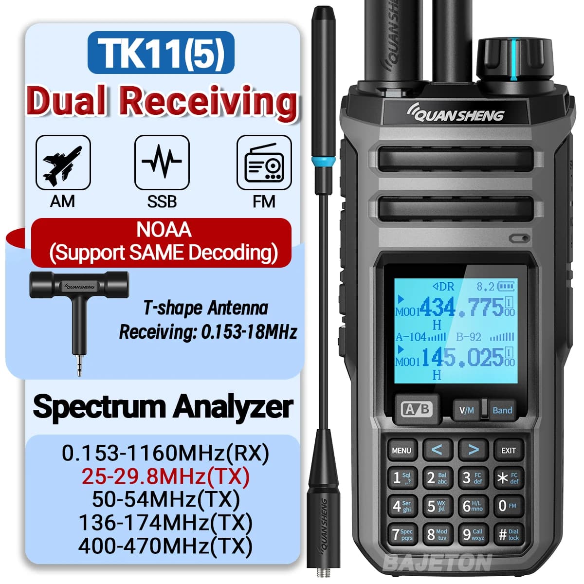 Quansheng TK11(5) 10W Dual Receiving HF VHF UHF USB AM FM LSB CW 27MHz CB LW MW SW SSB Multi Band Spectrum Analyzer Ham Radio