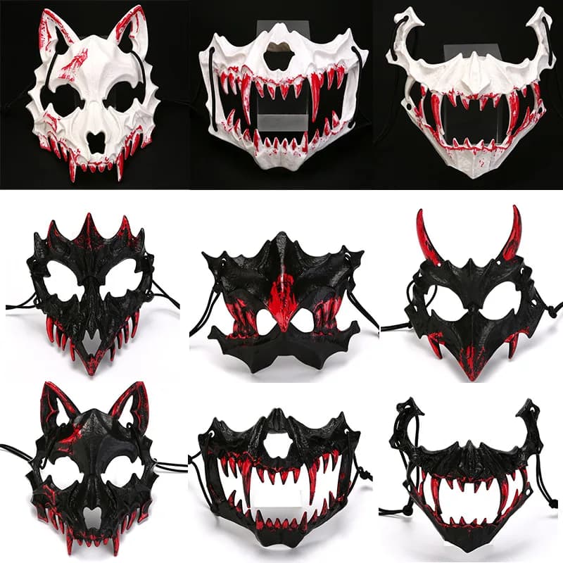 Half-face Blood Mask Men Dragon Tiger Wolf Mask Horror Halloween Costume Cover Props Animal Skeleton Mask Party Cosplay Props