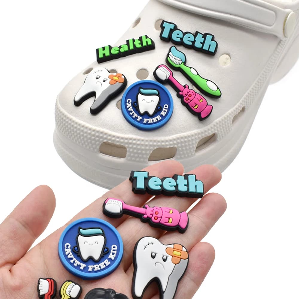 Wholesale 1pcs PVC Shoe Accessories for Crocs Charms Dentistry Teeth Badge Women Clogs Buckle Kids Pins Decoration Jeans