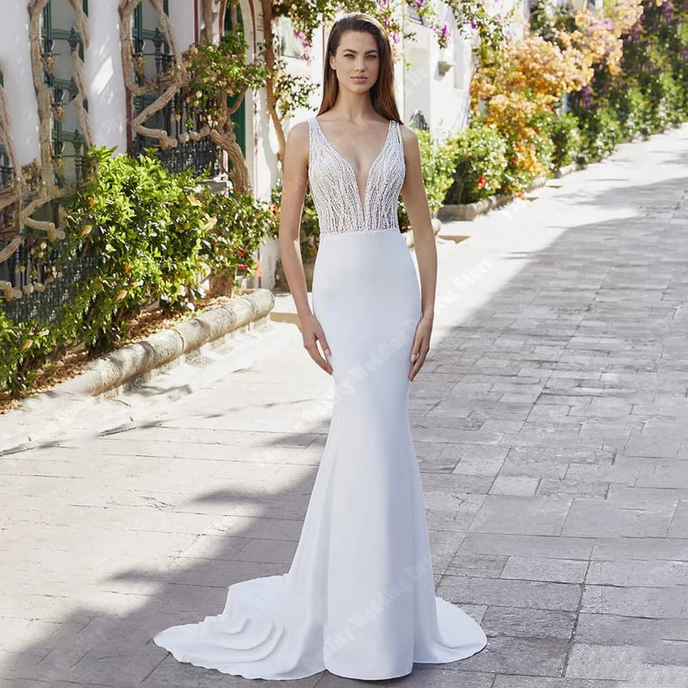 Elegant Sexy V-Neck Women Wedding Dresses Handmade Mermaid Bridal Gowns Mopping Length Engagement Ball Vestidos De Novias 2024