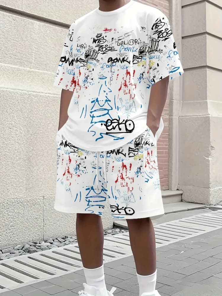 2025 Men's Short Sleeve Set Creative Graffiti Print Outdoor Street Fashion Short Sleeve Top Shorts Casual Two-piece Set