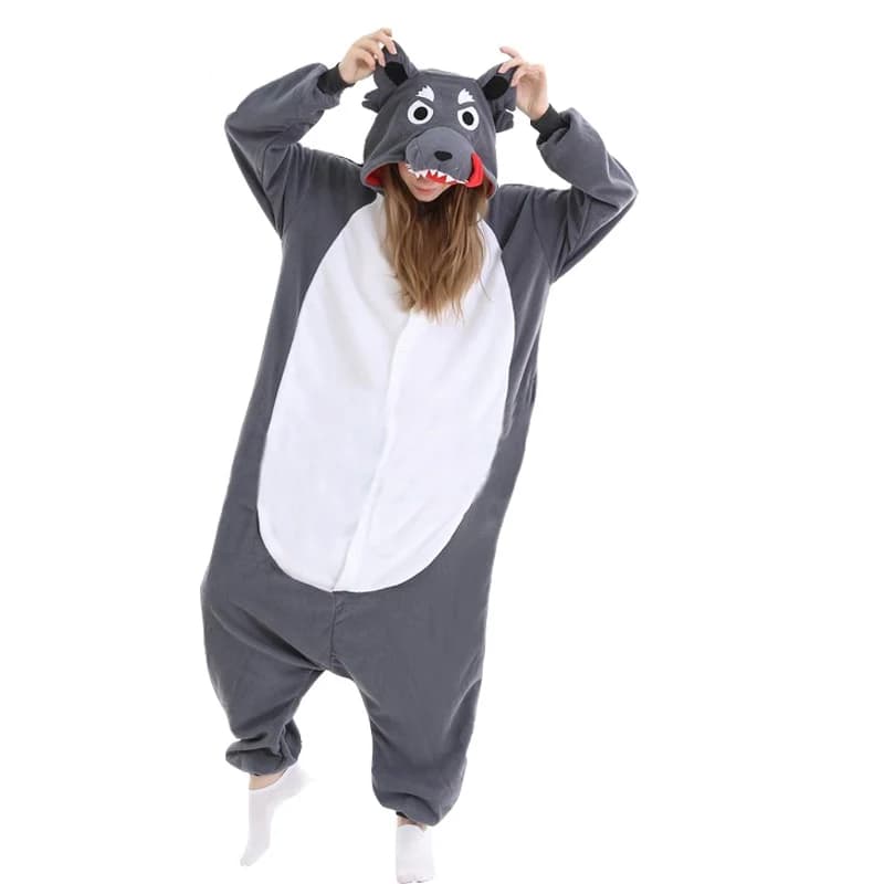 Women Pajamas Wolf Kigurumi Animal Onesie For Adults Fleece One-Piece Pyjamas Halloween Full Body Christmas Cosplay Costume Gift