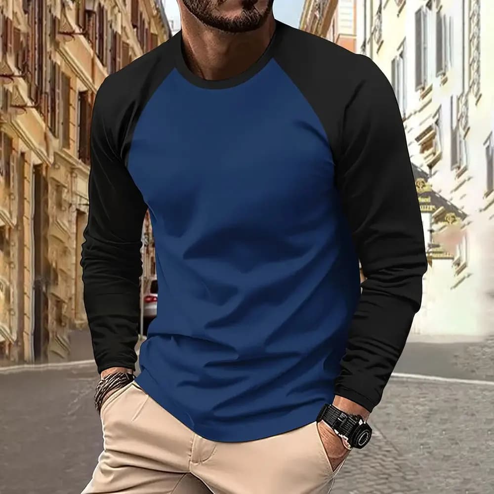 Big & Tall Men's Oversized Color Block T-Shirt - Fall Spring Streetwear Long Sleeve Round Neck Casual Athletic Tee