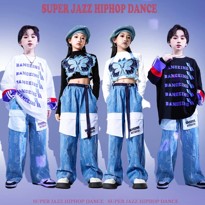 Kids Teenage Hip Hop Clothing Oversize SweatshirtTops  Denim Cargo Pants Streetwear for Girl Boys Jazz Dance Costumes Clothes