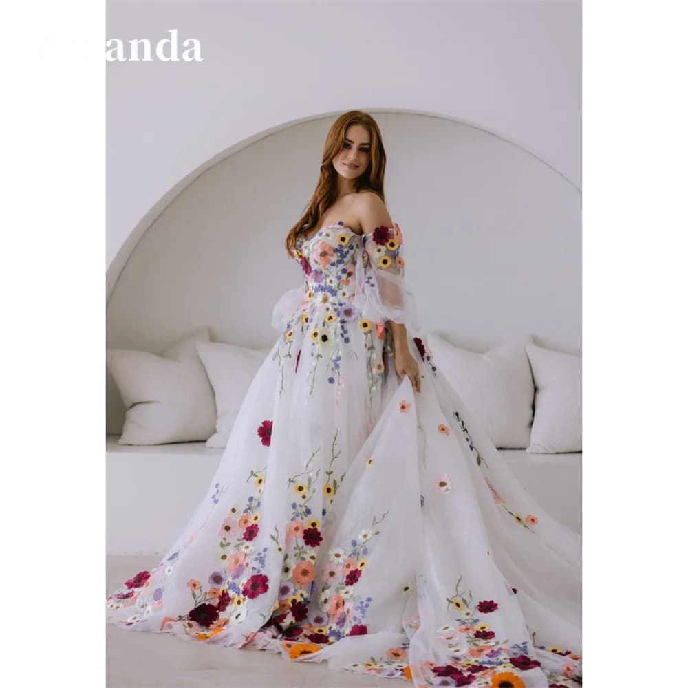 Amanda Customized Flowers Lace Embroidery Tulle Fabric Prom Dress Detachable Train vestidos de fiesta A-line فستان حفلات الزفاف
