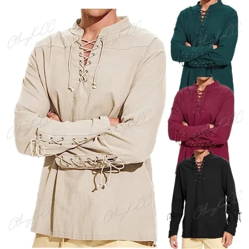 Men Medieval Costume Cotton Linen Shirts  Ruffled Long Sleeve Lace Up Pirate Cosplay Shirt Vampire Medieval Renaissance Shirt