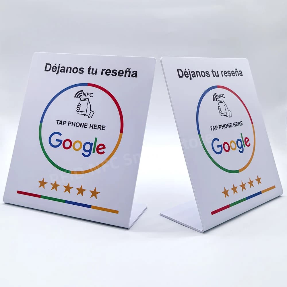 Déjanos tu reseña 13.56Mhz programmable Google Review Card NFC station table NFC Google Reviews display card standing