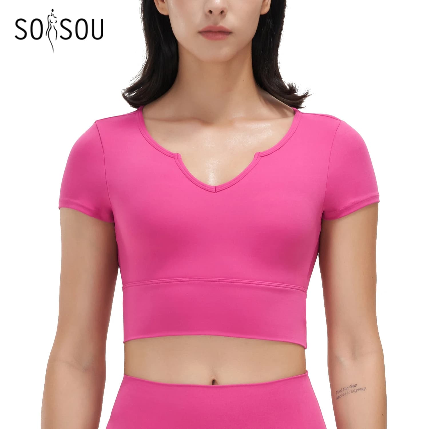 SOISOU Yoga Clothes Women Tights Sports Tops Short Sleeved Running Slim V-Neck Vest Fitness Workout Crop Top With Chest Pad