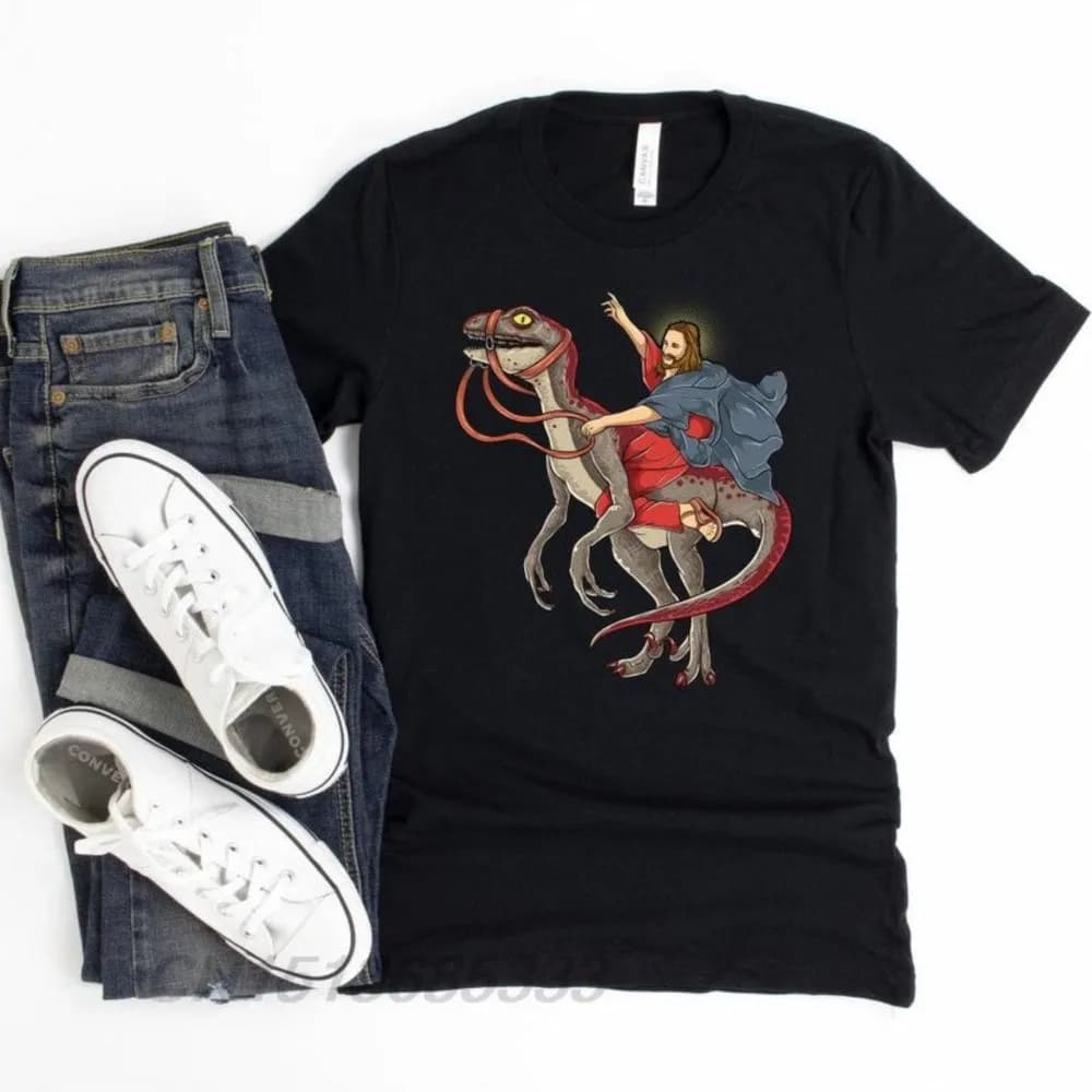 Jesus Riding T-Rex Dinosaur Retro T-Shirts Tyrannosaurus Rex Skull Bones Printed Unisex Tees PROST Funny Oktoberfest TShirts