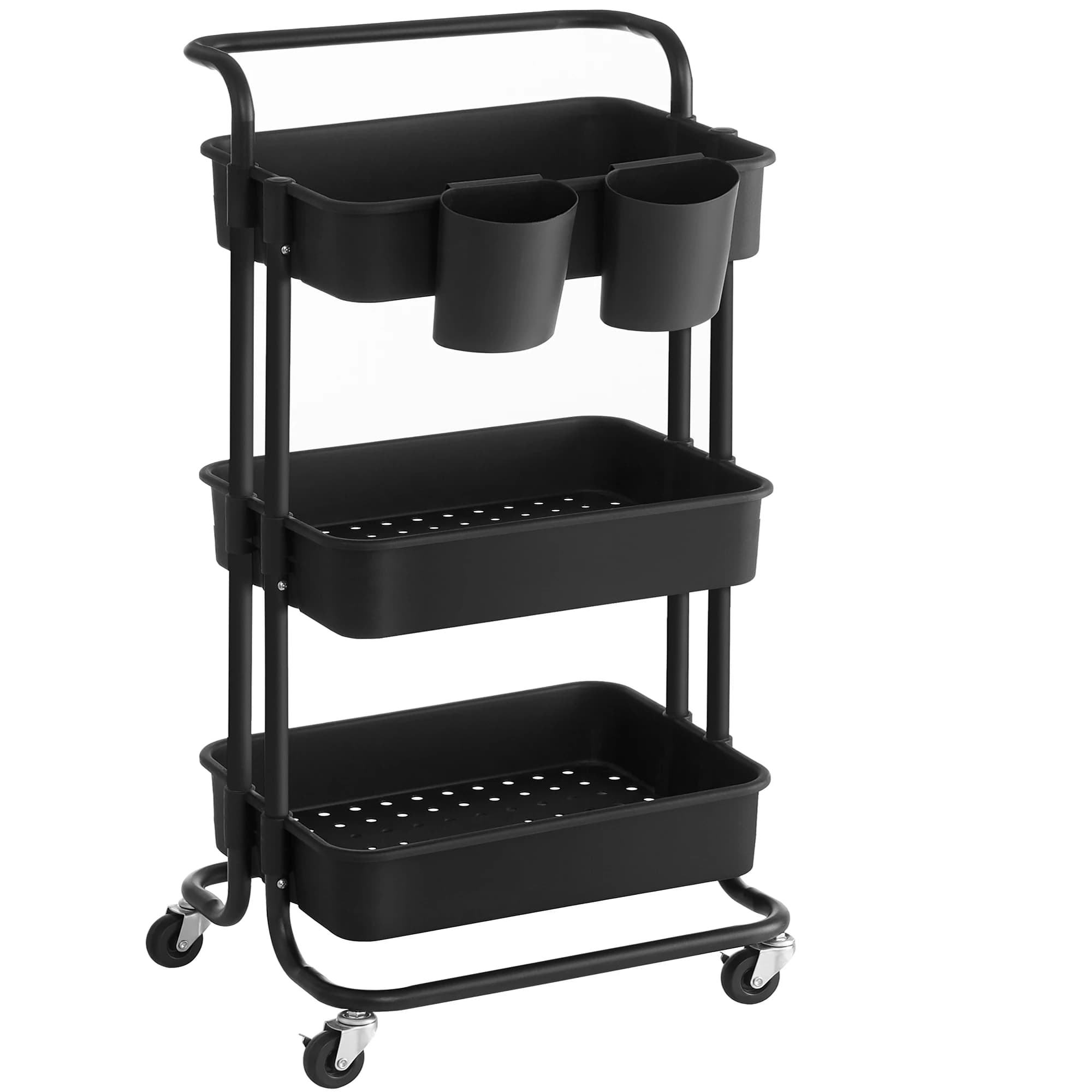SONGMICS Rolling Cart, 3-Tier Storage Cart, Storage Trolley with Handle 2 Small Organizers, Steel Frame, Plastic Baskets