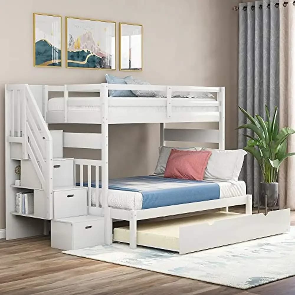 Solid Wood Twin Over Twin/Full Bunk Bed with Trundle Drawers and Staircase Left Side Placement Storage Compartments Safe Access