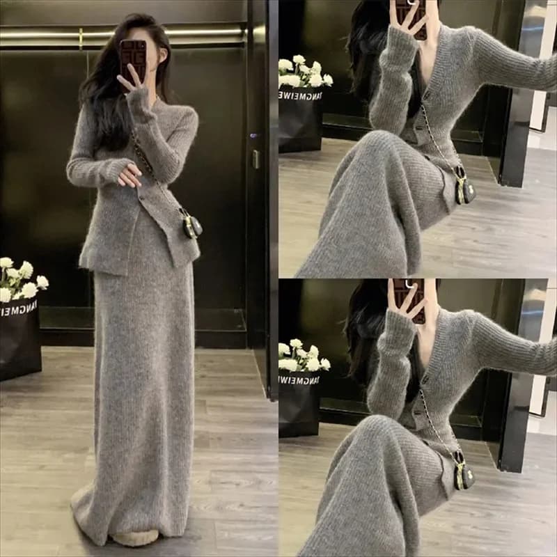 Two Piece/single piece French Retro Slim Fit Long Sleeved Knitted Sweater+High-end Minimalist Half Body Long Skirt Sfor Women