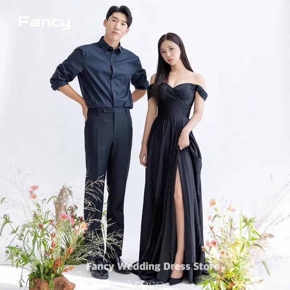 Fancy Elegant Black Off Shoulder Wedding Dress Korea Photo Shoot A Line Taffeta Bridal Gown Bridal Dresses customized