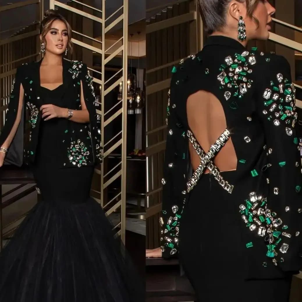 Beading Luxury Evening Dresses Green Crystal Beads Mermaid Prom dress Jacket Saudi Arabia Women Customized Formal Wedding Party