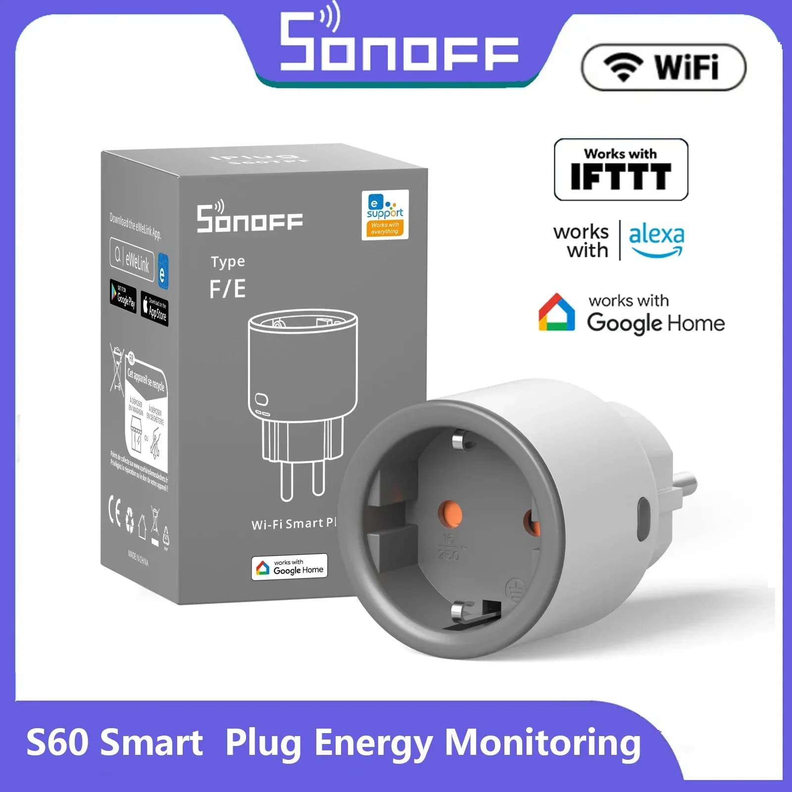 SONOFF S60 EU SONOFF Wifi Socket Wifi Smart Socket Overload Protection Timer Smart Scene Remote Control Via EWeLink Home IFTTT