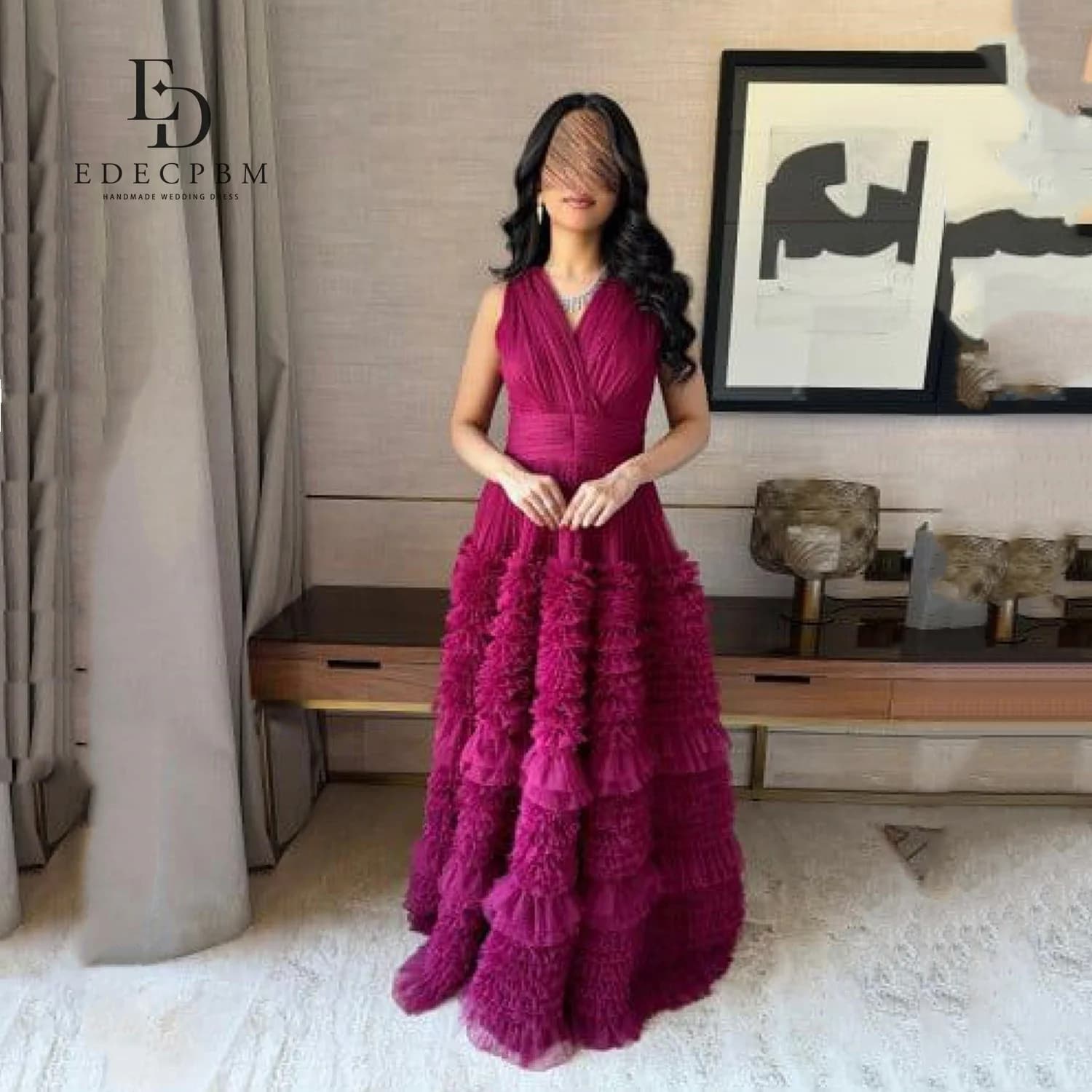 EDECPBM Customized Female Dress Grape Red V-collar Short Dresses for Special Occasions Multi-layer A-line Evening Dress Woman