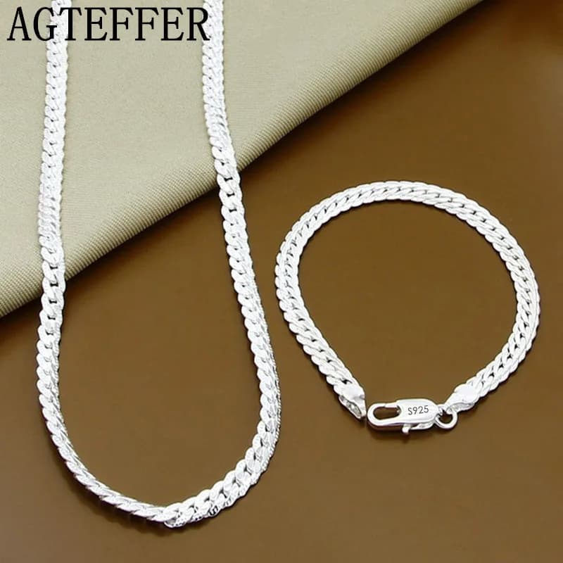 AGTEFFER S925 Sterling Silver 2 Piece 5MM Full Sideways Chain Necklace Bracelet For Women Men Fashion Jewelry Sets Wedding Gift