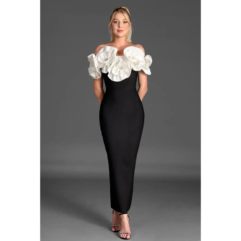 Elegant Black and White Flowers Contrast Women Prom Dresses Strapless Off the Shoulder Sleeves Ankle Length Evening Party Gowns