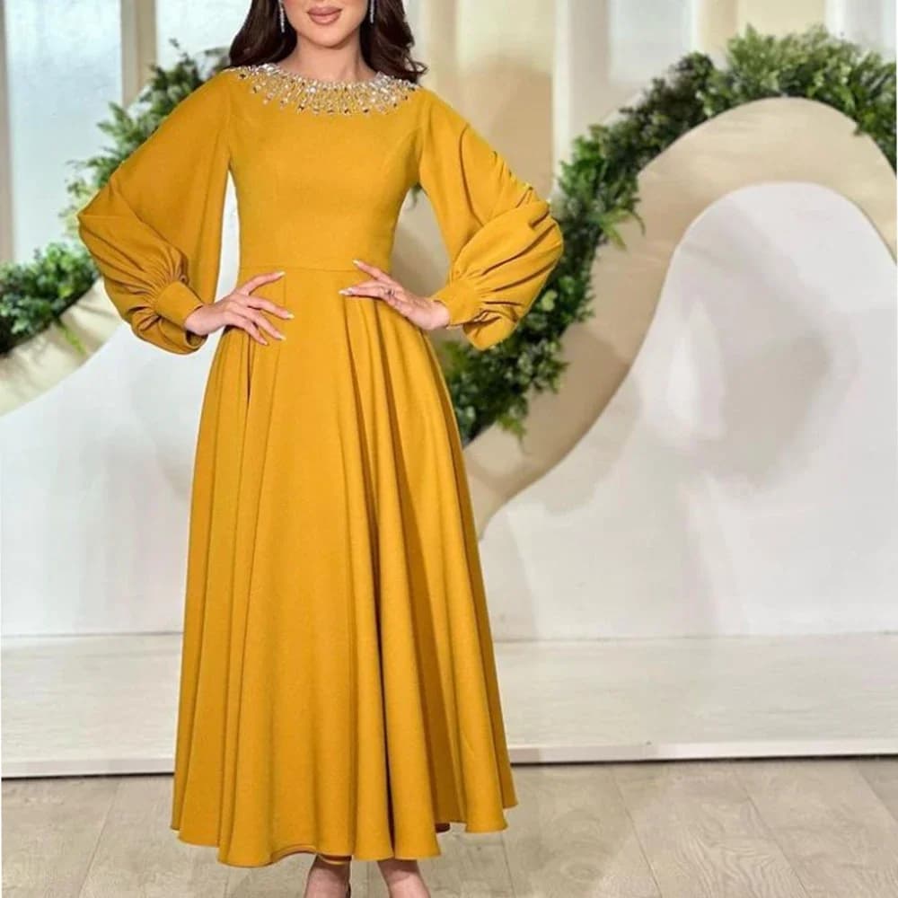 Customized High Quality Fashion Classic Jersey Pleat Rhinestone A-line Scoop Neck Midi Dresses Quinceanera Dresses Exquisite Sim