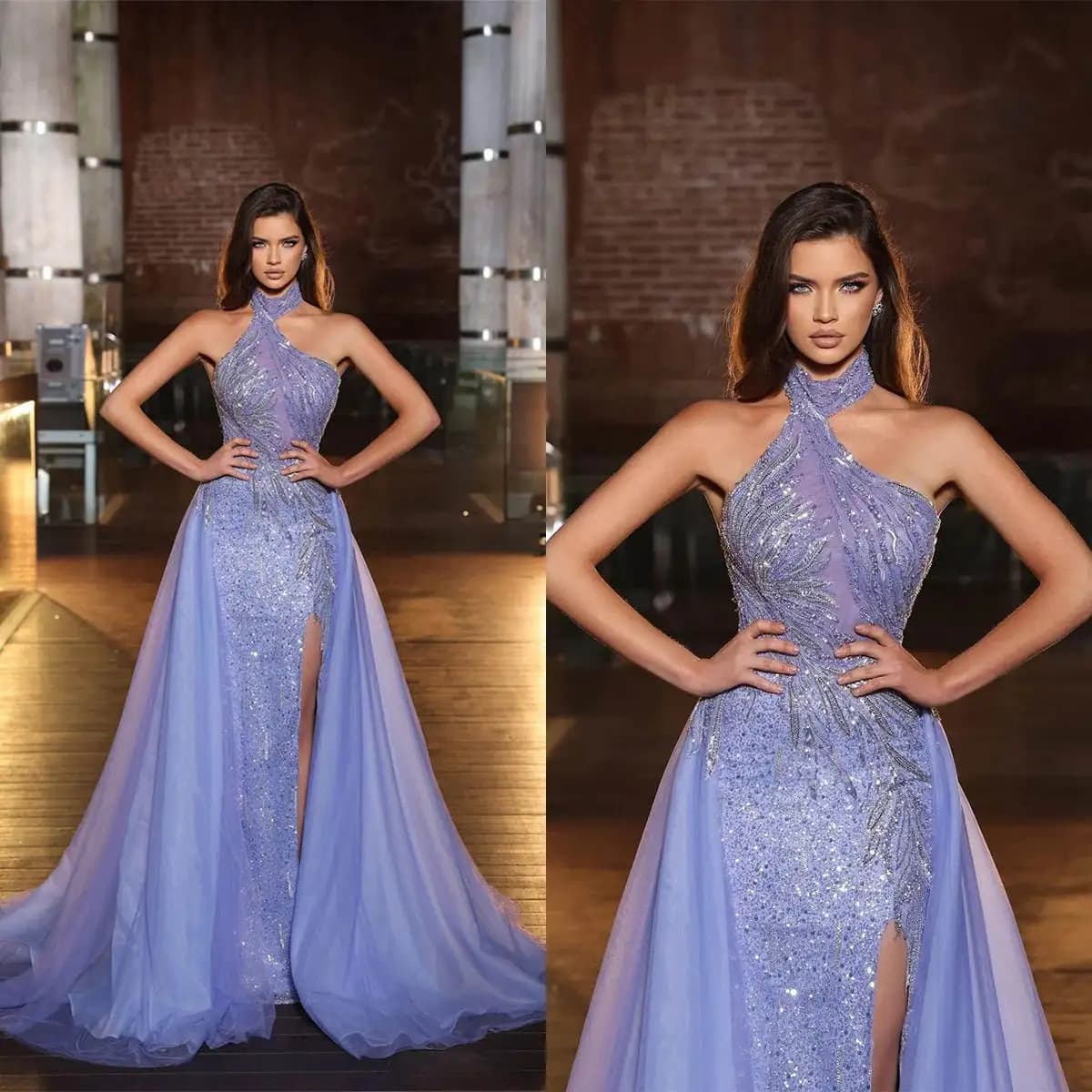 Gorgeous Evening Dresses Mermaid Halter Appliques Sequined Side Split Prom Gown Party Dress Vestido De Noite Custom Made