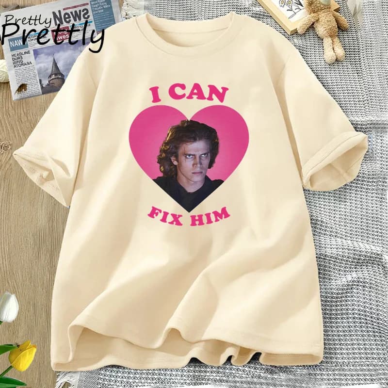I Can Fix Him Pink Heart T Shirt Casual Cotton Graphic Printed T Shirt Short Sleeve O Neck Tees Unisex Summer Tees Streetwear