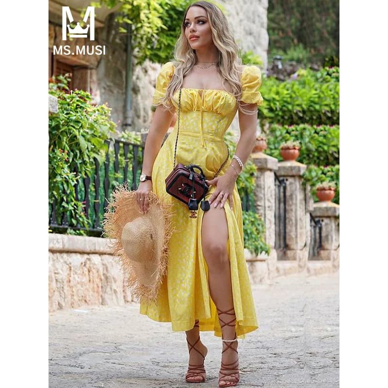 MSMUSI 2024 New Fashion Women Sexy Square Neck Floral Printing Lace Up Short Sleeve Bodycon Party Club Event Slit Midi Dress