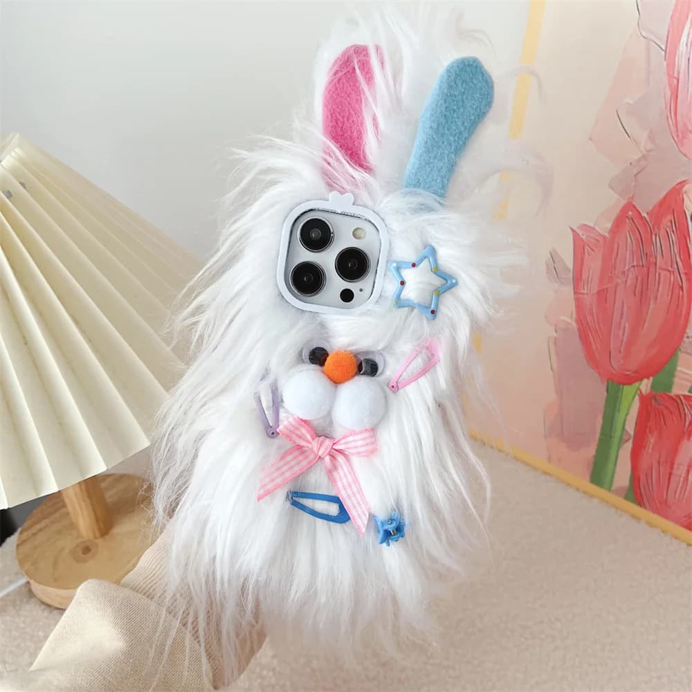 Fluffy Plush Rabbit Phone Case for iPhone, Furry Cover Fur Cartoon Soft Cute 15 14 13 12 11 Pro Max 15Pro Winter