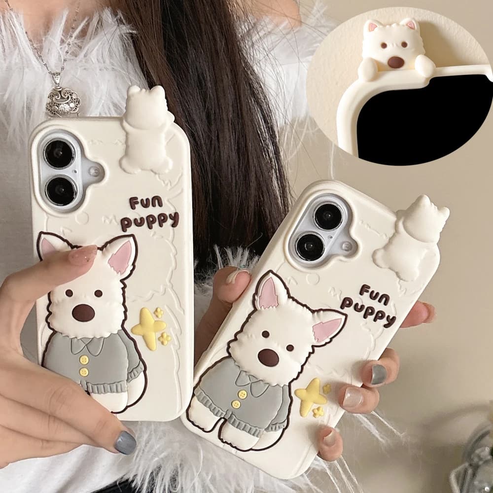 3D Cute Cartoon Fun Puppy Phone Case for iPhone 12 13 14 15 16 Pro Max Soft Silicone Lovely Dog Shockproof Cover Shell