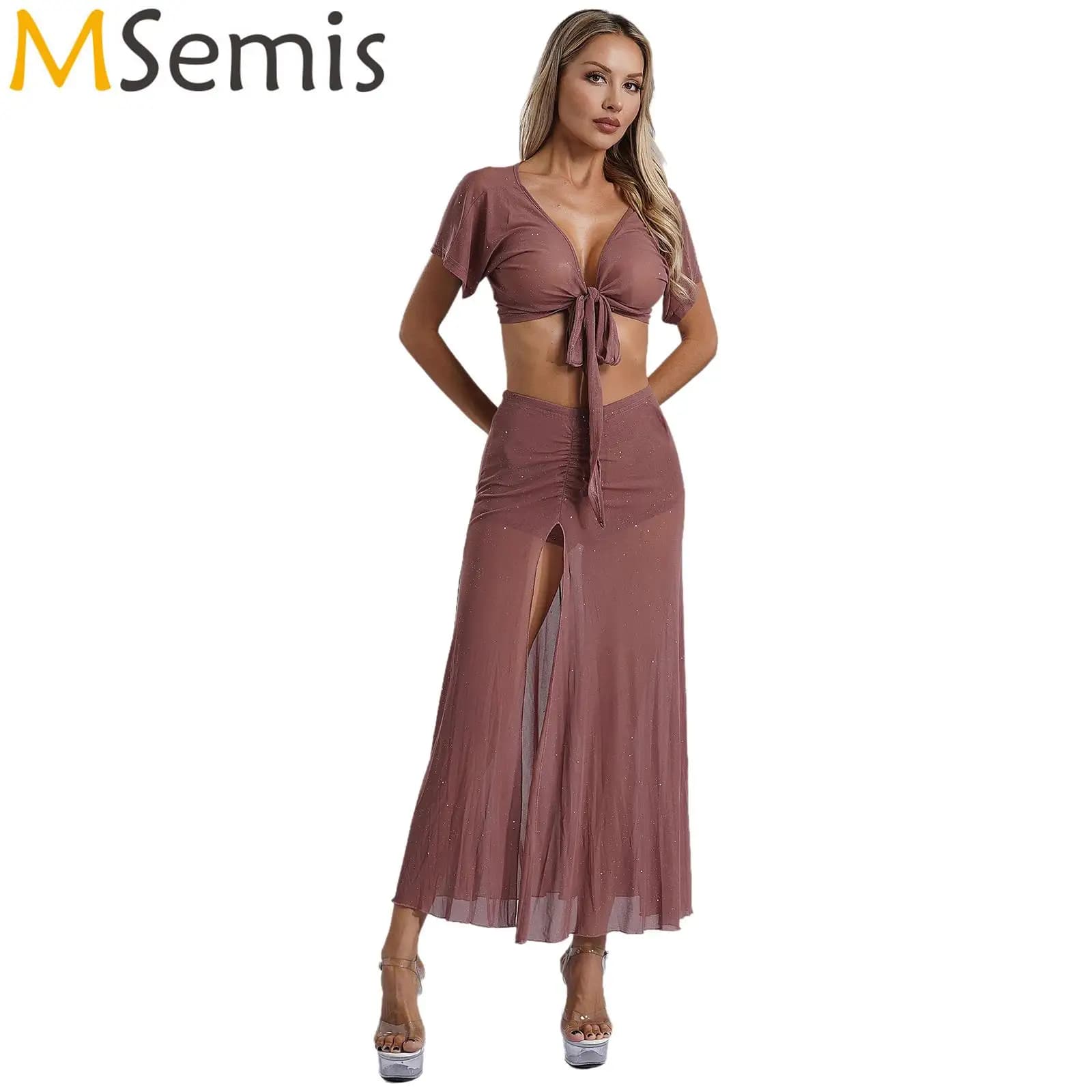 Womens Oriental India Belly Dance Suit Bellywood Costume Wrap V Neck Short Sleeve Crop Top And Side Slit Skirt with Undershorts