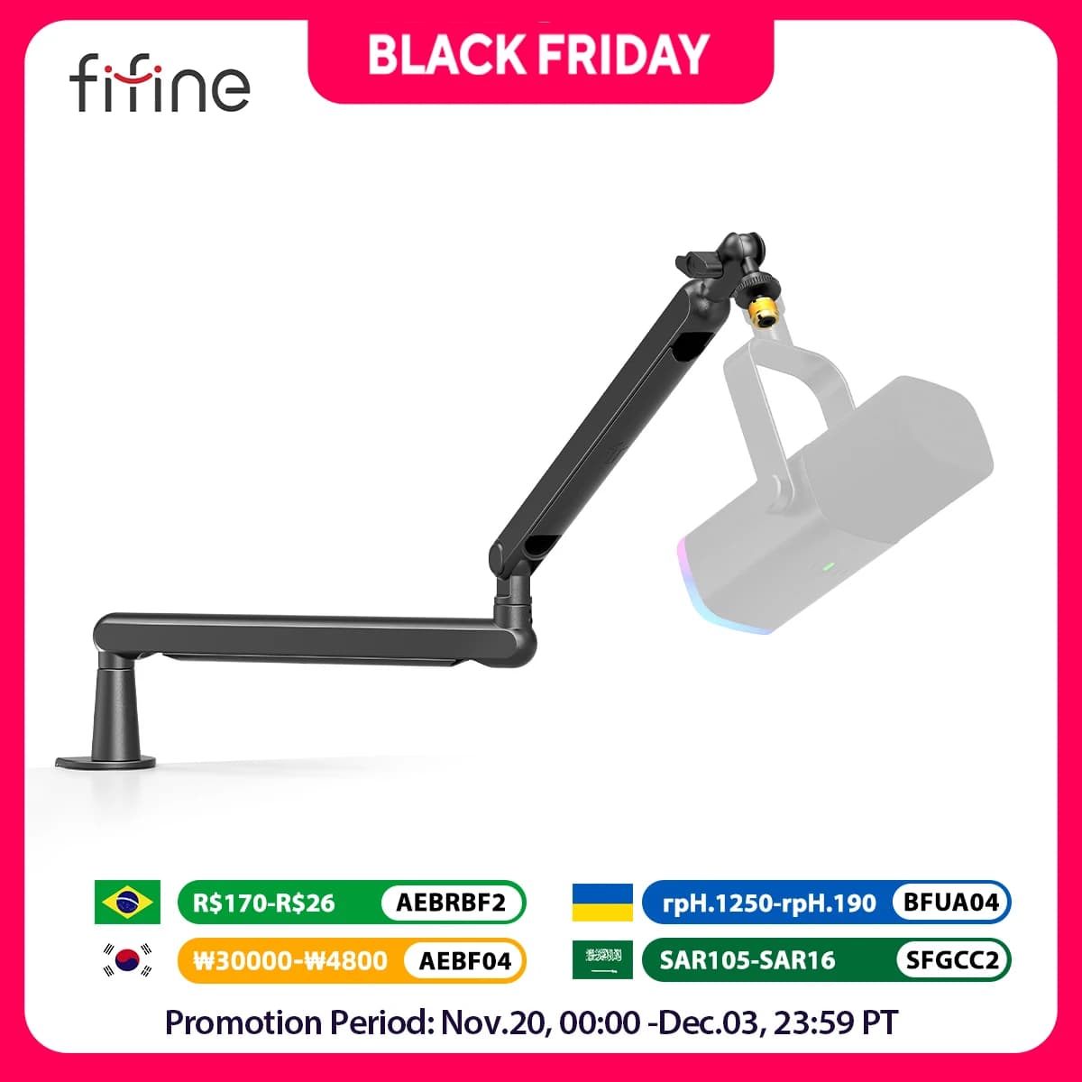 FIFINE Adjustable Low-profile Arm Microphone Stand with Cable Managment/Desk Mount, Suspension Boom for K688 Ampligame AM8-BM88