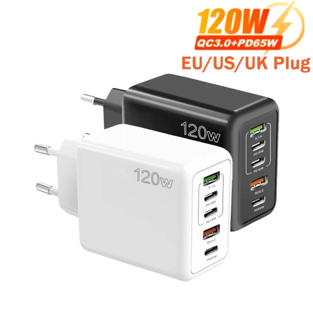 USB Charger Total 120W 5 Ports Type C Fast Charging Mobile Phone Wall Adapter EU/US/UK Plug For iPhone Samsung Xiaomi Huawei
