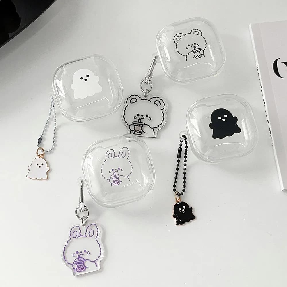 Cute Rabbit Bear Drink Milk Tea Keychain Headphone Case For Samsung Galaxy Buds 2 Pro Live Scary Ghost Clear Earphone Shell Bag