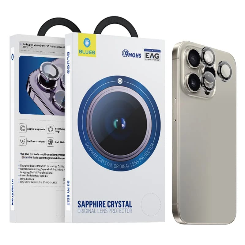 Blueo-Sapphire Crystal Camera Lens Protector Cover, Original Titanium PVD, Stainless Steel, iPhone 15 Pro Max