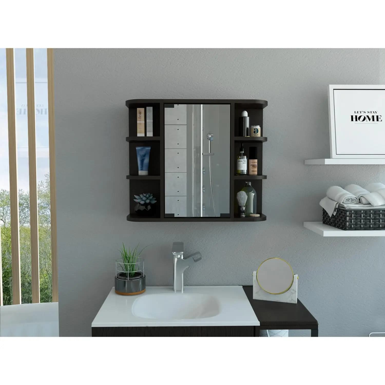 Milan Medicine Cabinet, Six External Shelves Mirror, Three Internal Shelves Black