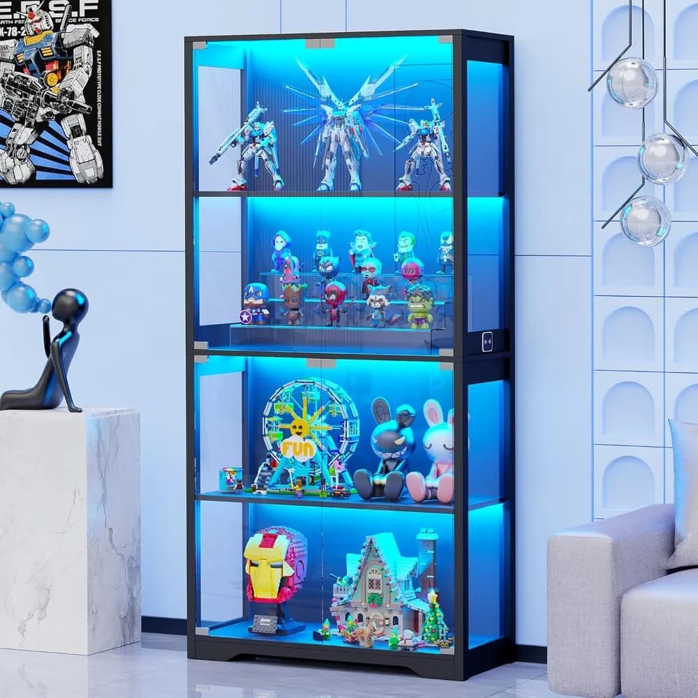 Display Cabinet with Glass Doors, 4-Tier Curio Cabinet&Bookcase with 3 Color Light for Collectibles,Toys, Books, Storage Cabinet