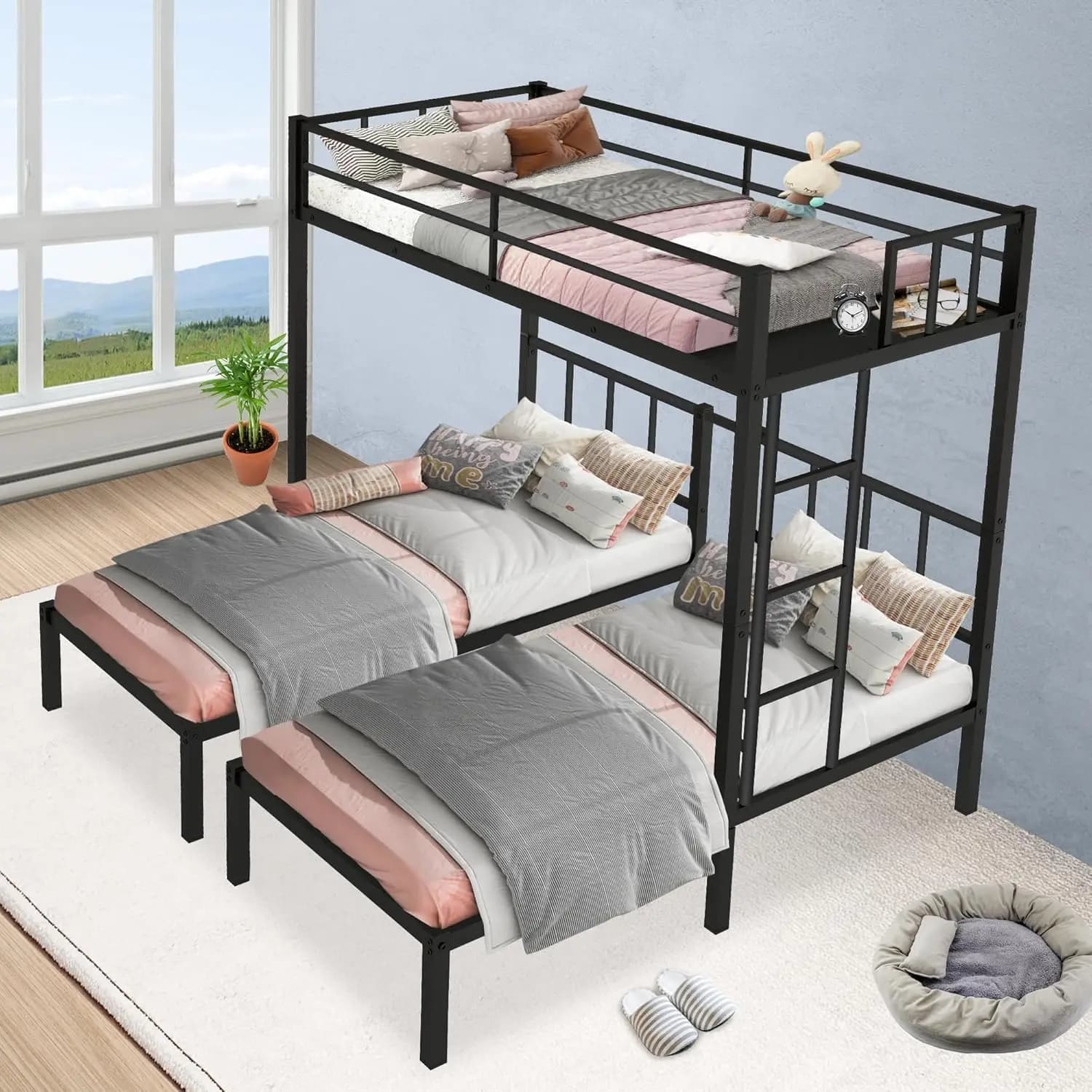 Triple Bunk Bed, Metal Twin Over Twin & Twin Bunk Beds for 3 with Guardrails, Ladder & Upper-Bed Platform, Detachable