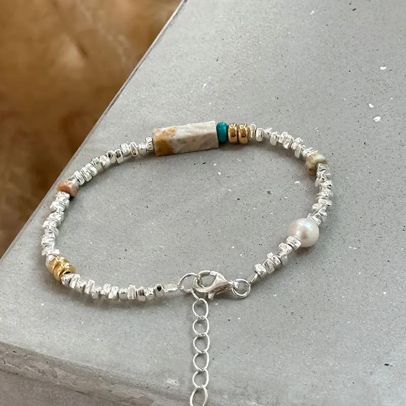 Broken Silver Pearl Tiger's Eye Bracelet Female 925 Sterling  Irregularly Cut Original Design Girlfriends 