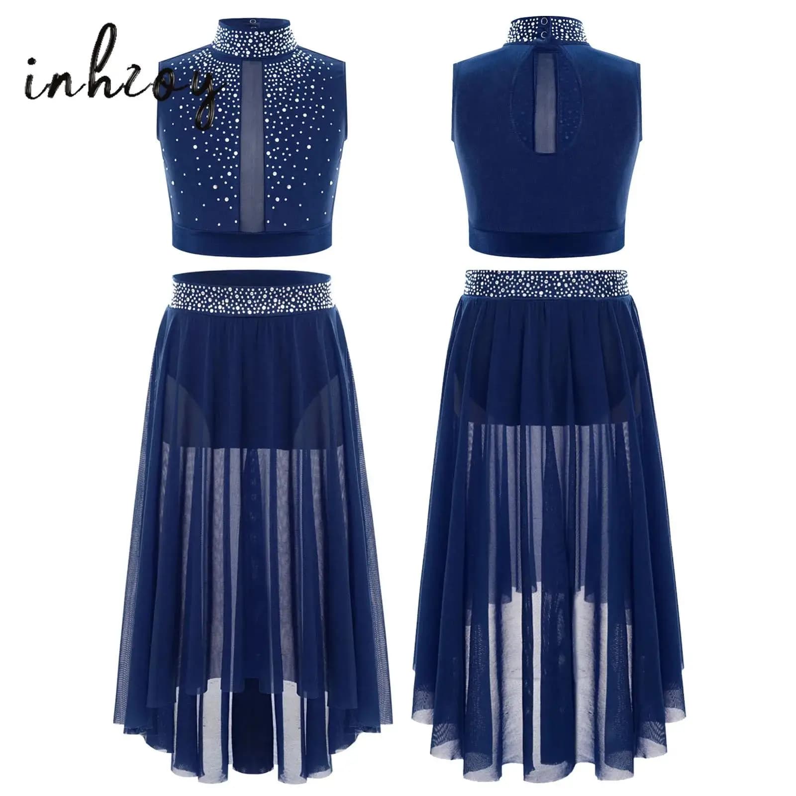 Girls Modern Lyrical Dance Set Mock Neck Sleeveless Crop Top with Irregular Mesh Skirt Rhinestones Skating Ballet Dancewear