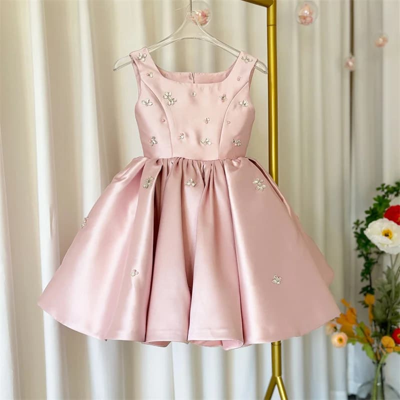 Kids Princess Satin Pearls Crystals Flower Girl Dress Children First Communion Dress Ball Gown Wedding Party Dress Birthday Show
