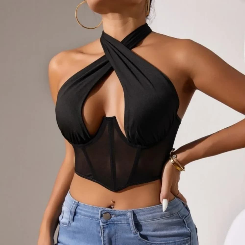 Top Sexy Cross Halter Corset Bustier Shirts Mesh Bone Tank Tops Women Tie Up Wrap Tube Tee Backless Slim Fit Cut Out Front Tops