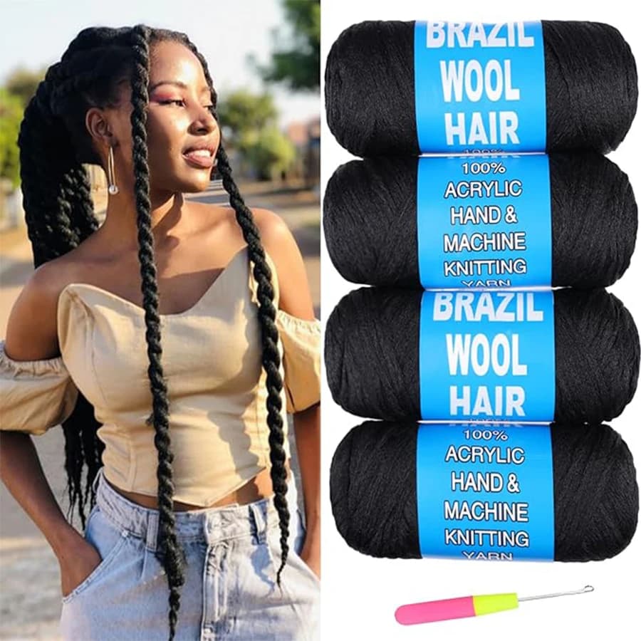 4 Pack Brazilian Wool Hair Synthetic Crochet Hair Extensions for Women African Hair Yarn for Braiding Senegalese Twist Fake Hair