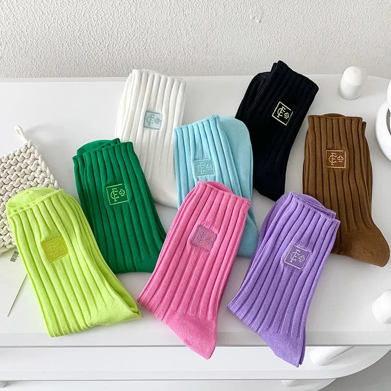 Color Socks Women's Cotton Embroidery Double Mid-tube Women Socks Ins Fashion Four Seasons Long Socks Outside Wear Kawaii
