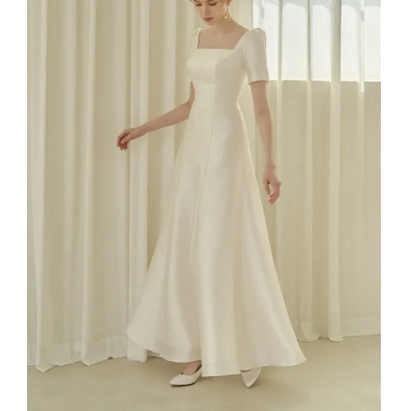 Satin Simple Wedding Dresses Vintage Square Collar Formal Evening Dress With Short Sleeve Elegant A-line Long Vestido Customized