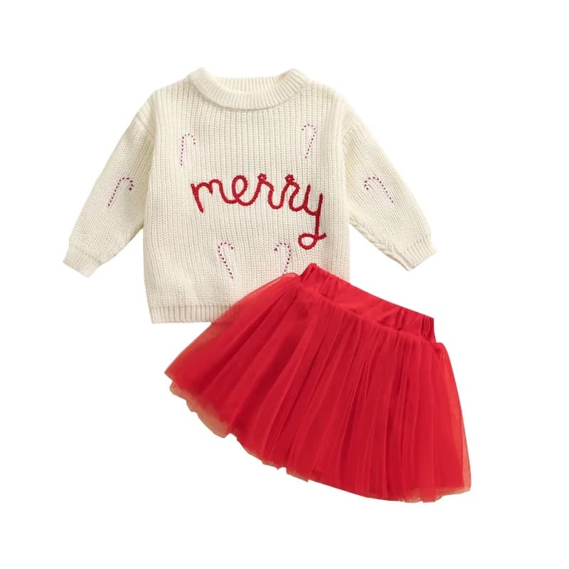 Toddler Girl Christmas Outfits Letter Embroidery Crew Neck Long Sleeve Sweater and Tulle Mini Skirts 2Pcs Clothes Set