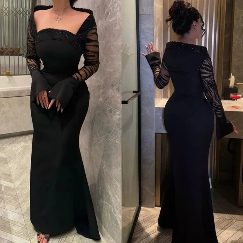Modern Black Mermaid Satin Prom Dresses Sexy Strapless Pleat Shiny Beaded Sequies Party Dresses Long Sleeves 2025 Customized