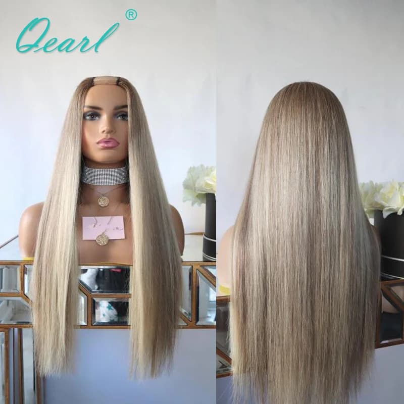 New Human Hair Wig Bone Straight U part Wigs 200% Thick Light Honey Blonde Brown Balayage 2x4 Virgin Hair Wig for Women Qearl